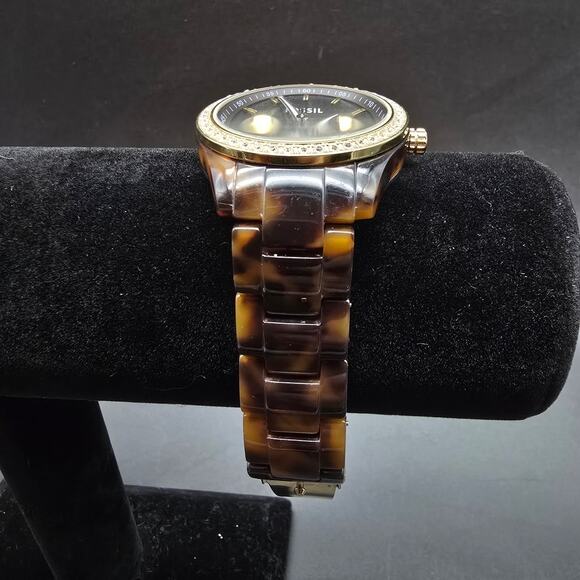 Women's Fossil Faux Tortoise Shell Watch Brown Rhinestone Quartz WORKS - Picture 2 of 9